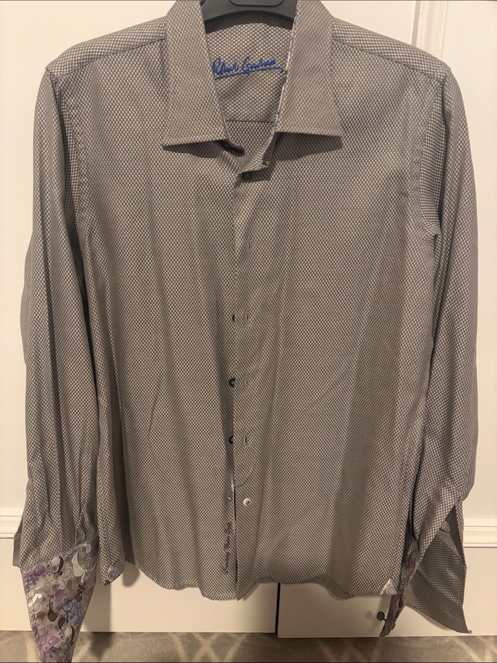 Robert Graham Gray Micro-Pattern Dress Shirt with Printed Cuffs